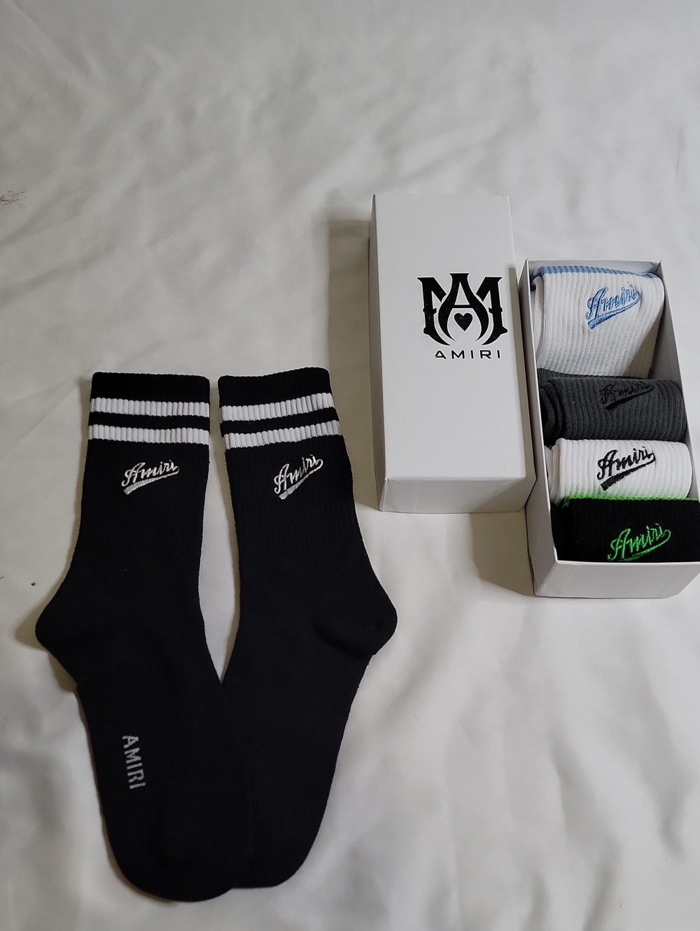 AMIRI Black Crew Athletic Socks with White Stripes and Script